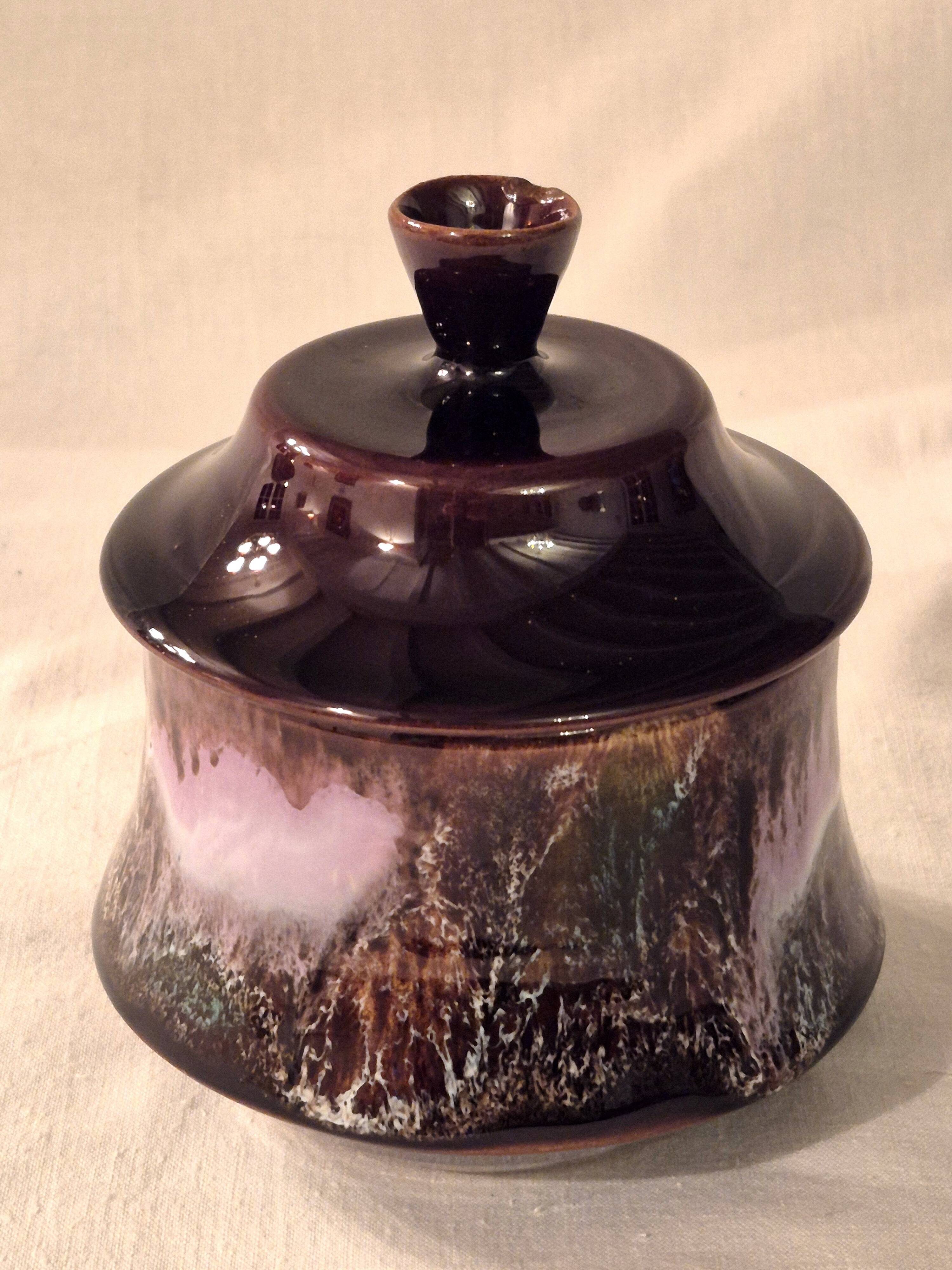 Covered sugar bowl Vallauris glazed ceramic brown old pink A152-3