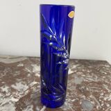 Soliflore vase, tubular, blue crystal, foliage decoration, encrypted, label, hand cut, flowers