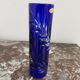 Soliflore vase, tubular, blue crystal, foliage decoration, encrypted, label, hand cut, flowers
