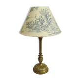 Ancient bronze lamp with its blue Jouy canvas lampshade