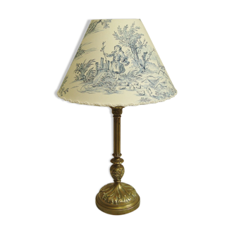 Lampe ancienne en bronze avec son abat-jour en tissu toile de Jouy bleu