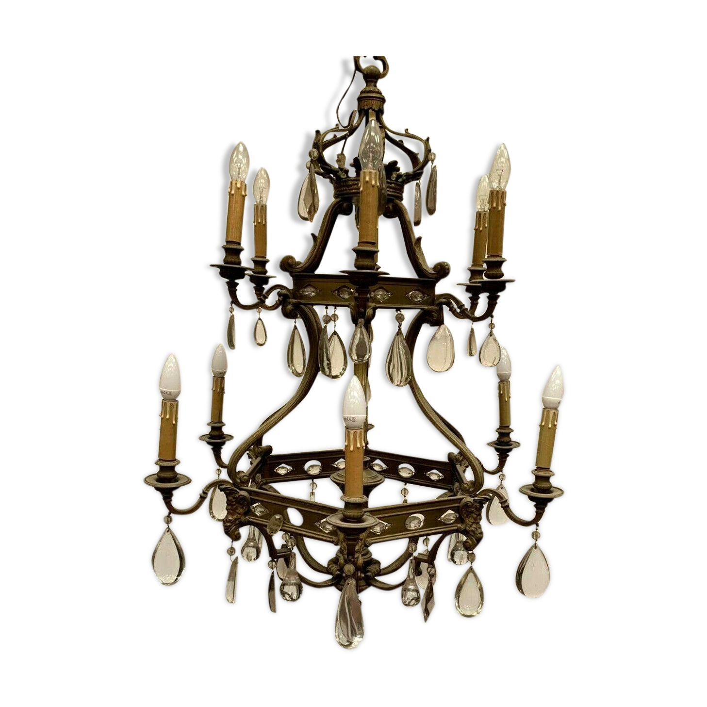 Lustre cage bronze renaissance style and colorful glass pendeloques XIX