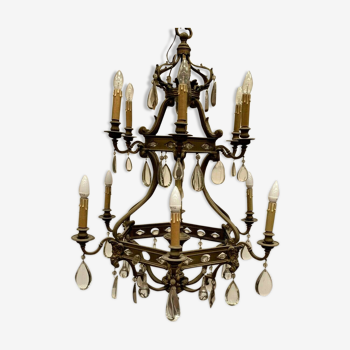 Lustre cage de style renaissance en bronze et pendeloques de verre coloré XIX