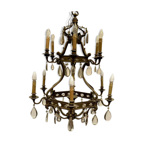 Lustre cage de style renaissance en bronze et pendeloques de verre coloré XIX — Beyit