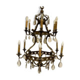 Lustre cage bronze renaissance style and colorful glass pendeloques XIX