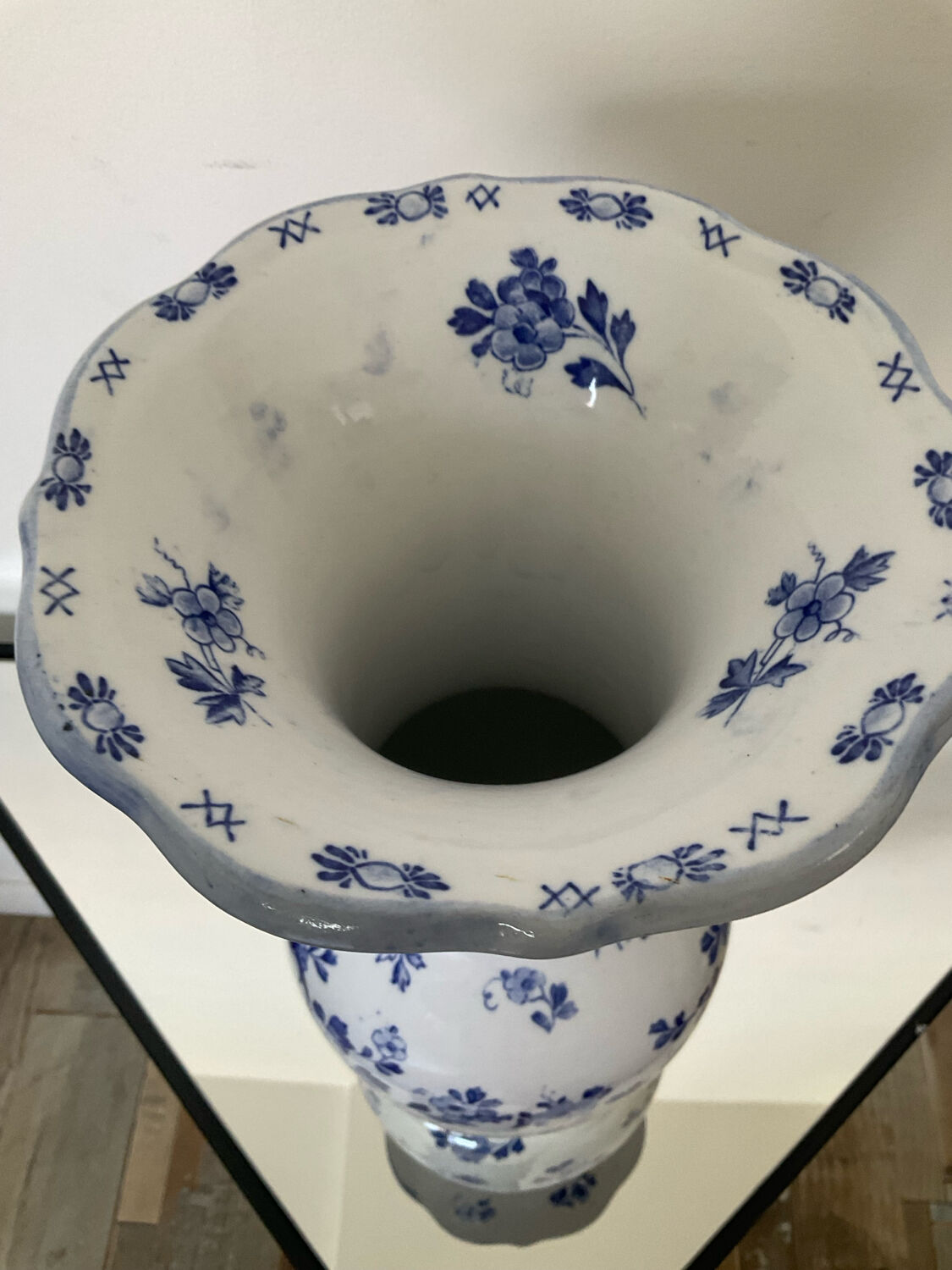 Large antique Delft blue and white porcelain vase signed