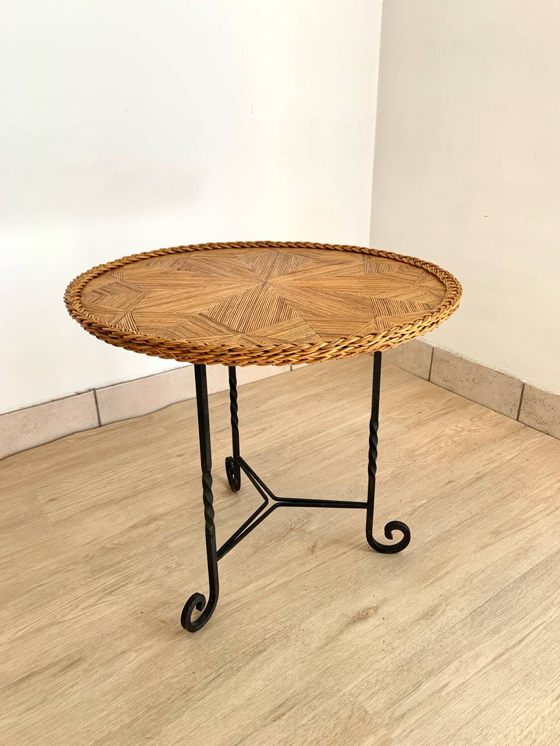 Vintage straw marquetry side table