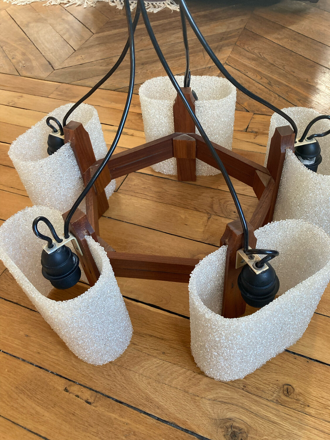 Scandinavian chandelier in teak and perspex