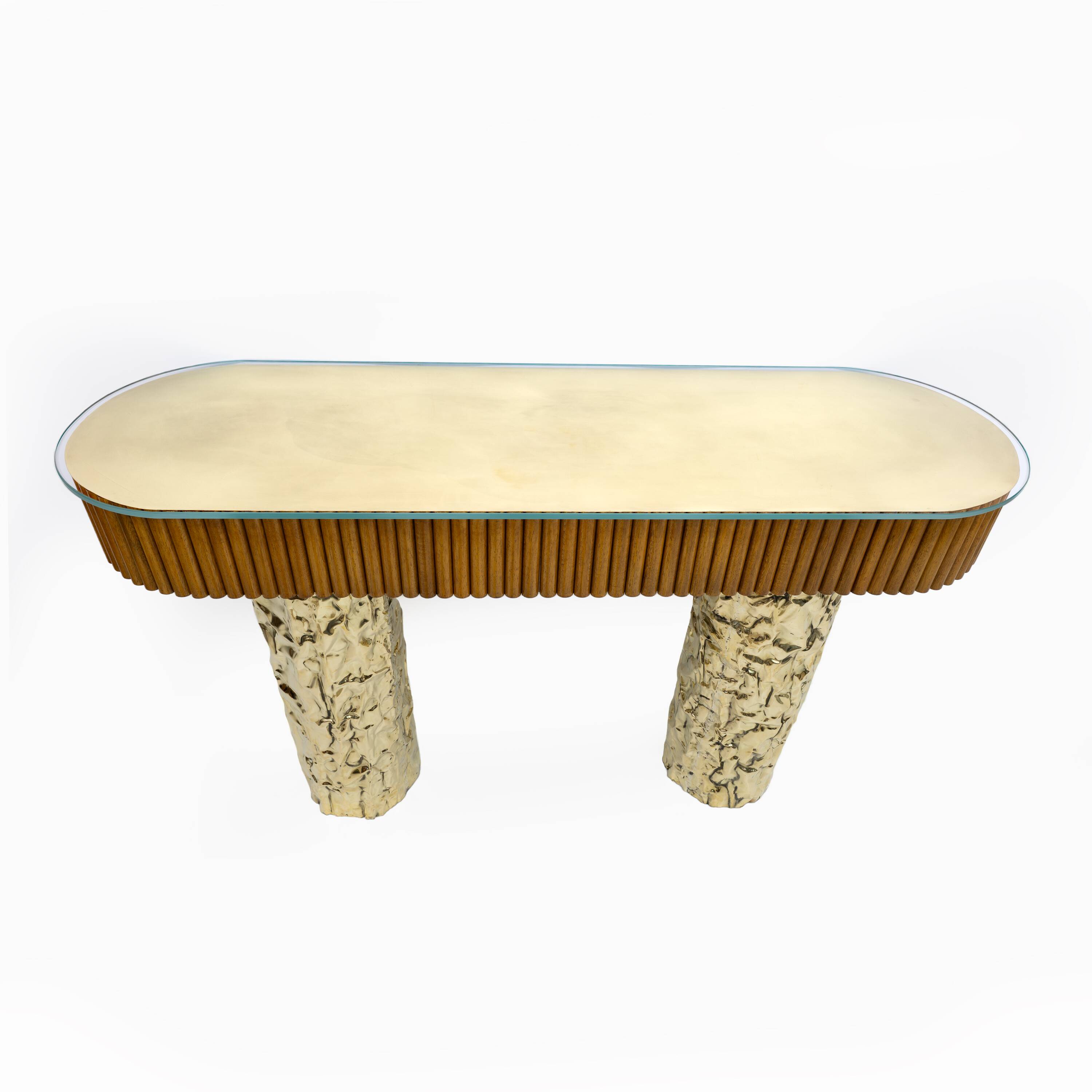 Mid-Century Style Wood and Brass Center Console, Italy, 1990s