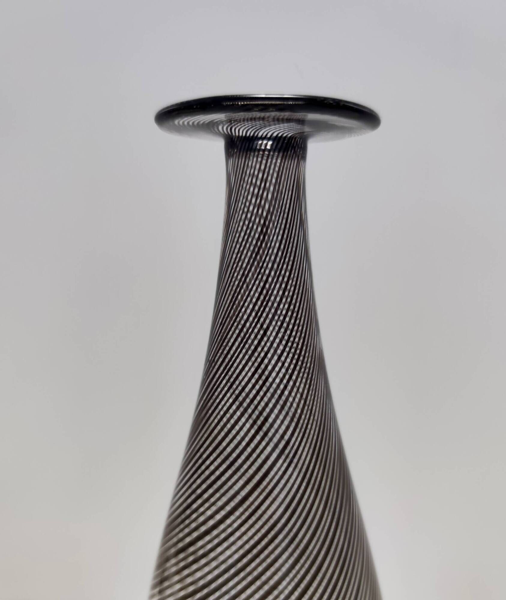 Black Murano Glass Bottle Vase "Mezza Filigrana" by Martens for Aureliano T