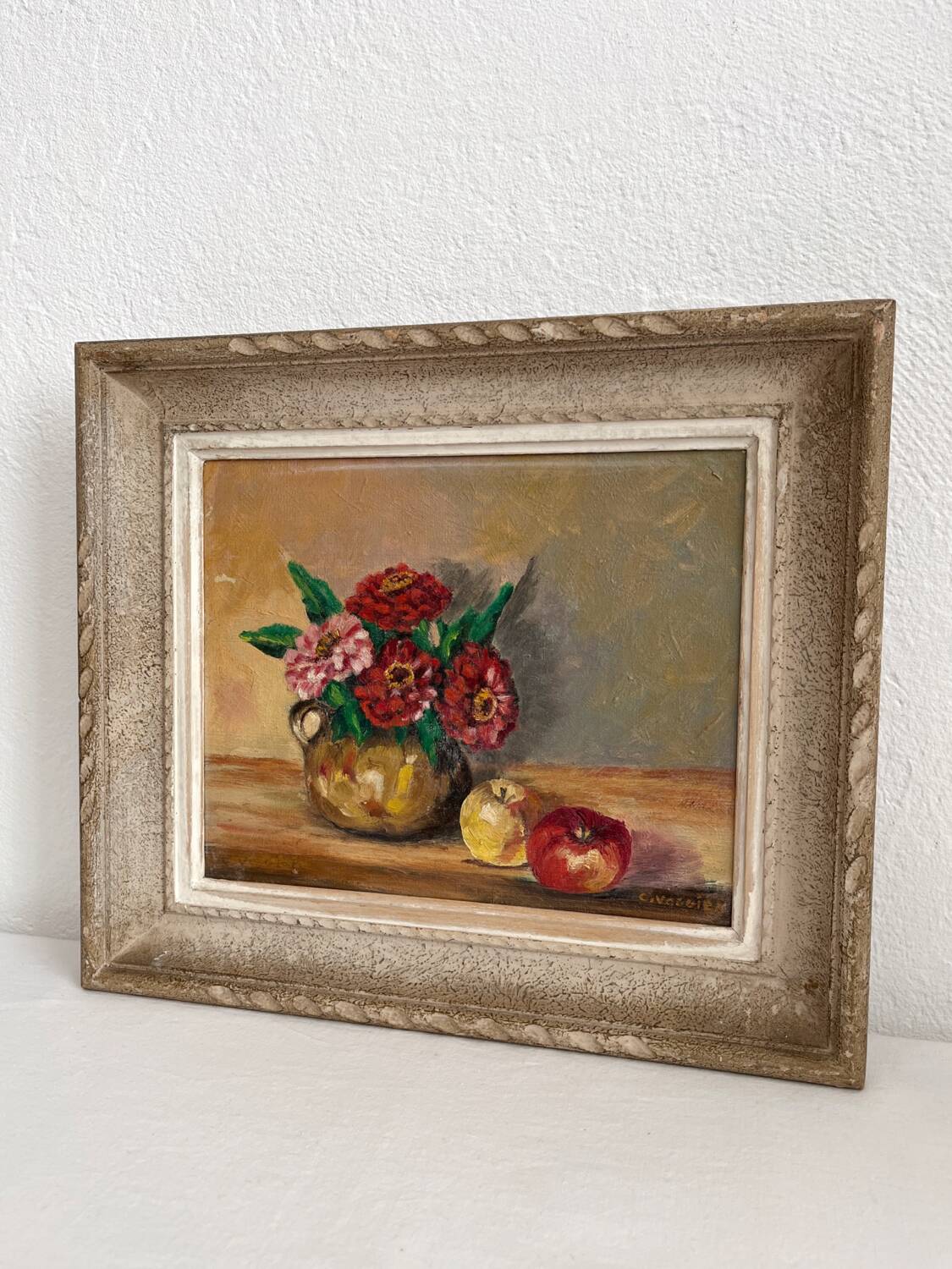 Antique oil painting on canvas with flowers and apples
