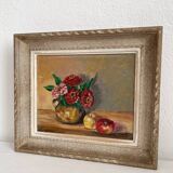 Old oil painting on canvas flowers apples