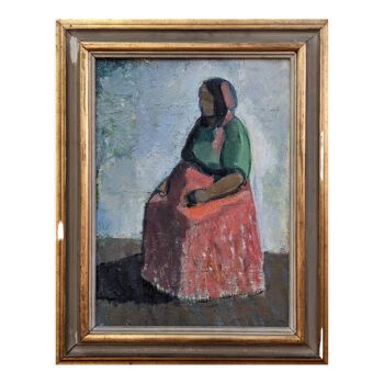 Mid-Century Modern "Expecting" Swedish Figurative Portrait Mother Oil Painting, Framed