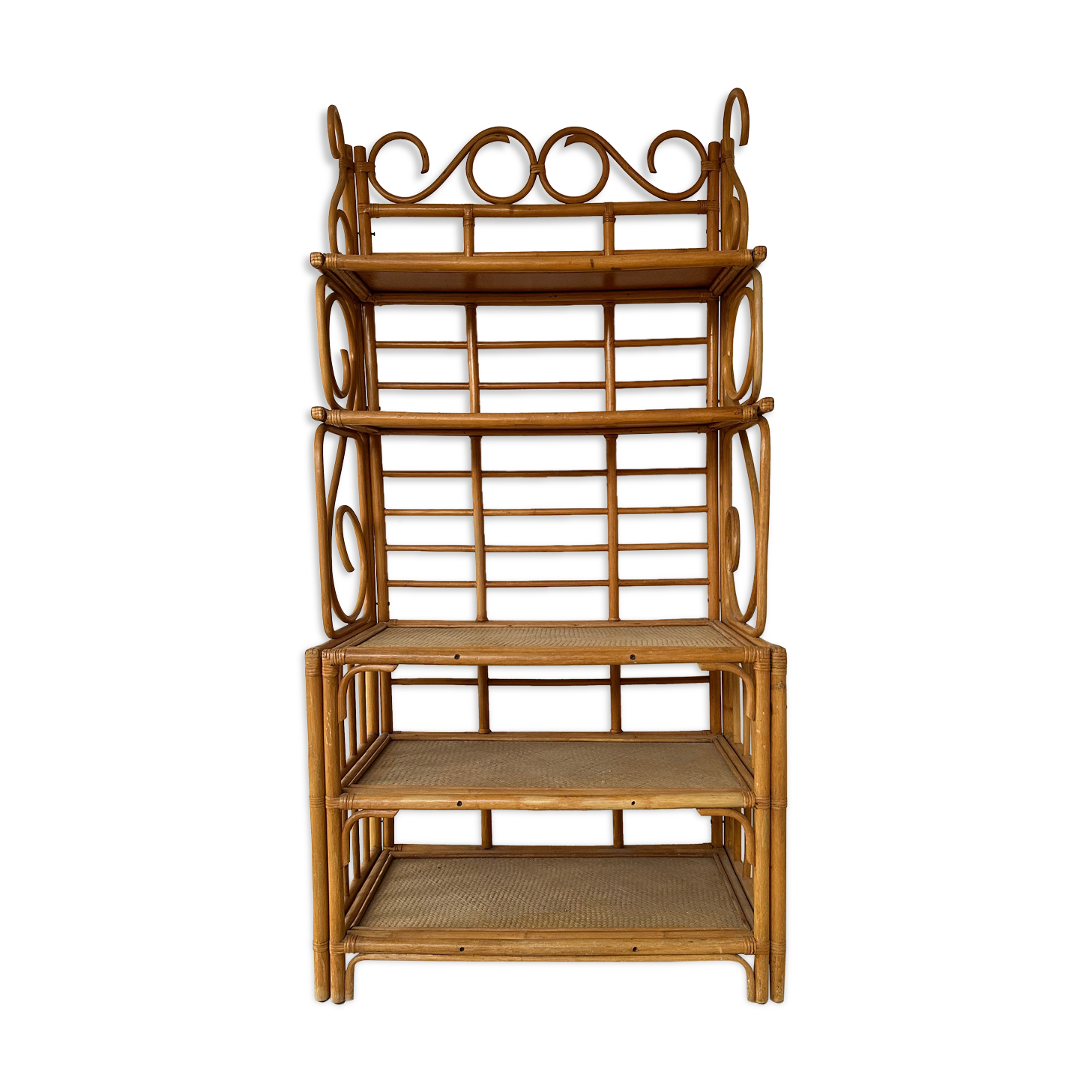 Vintage curved rattan shelf cabinet from the 60s