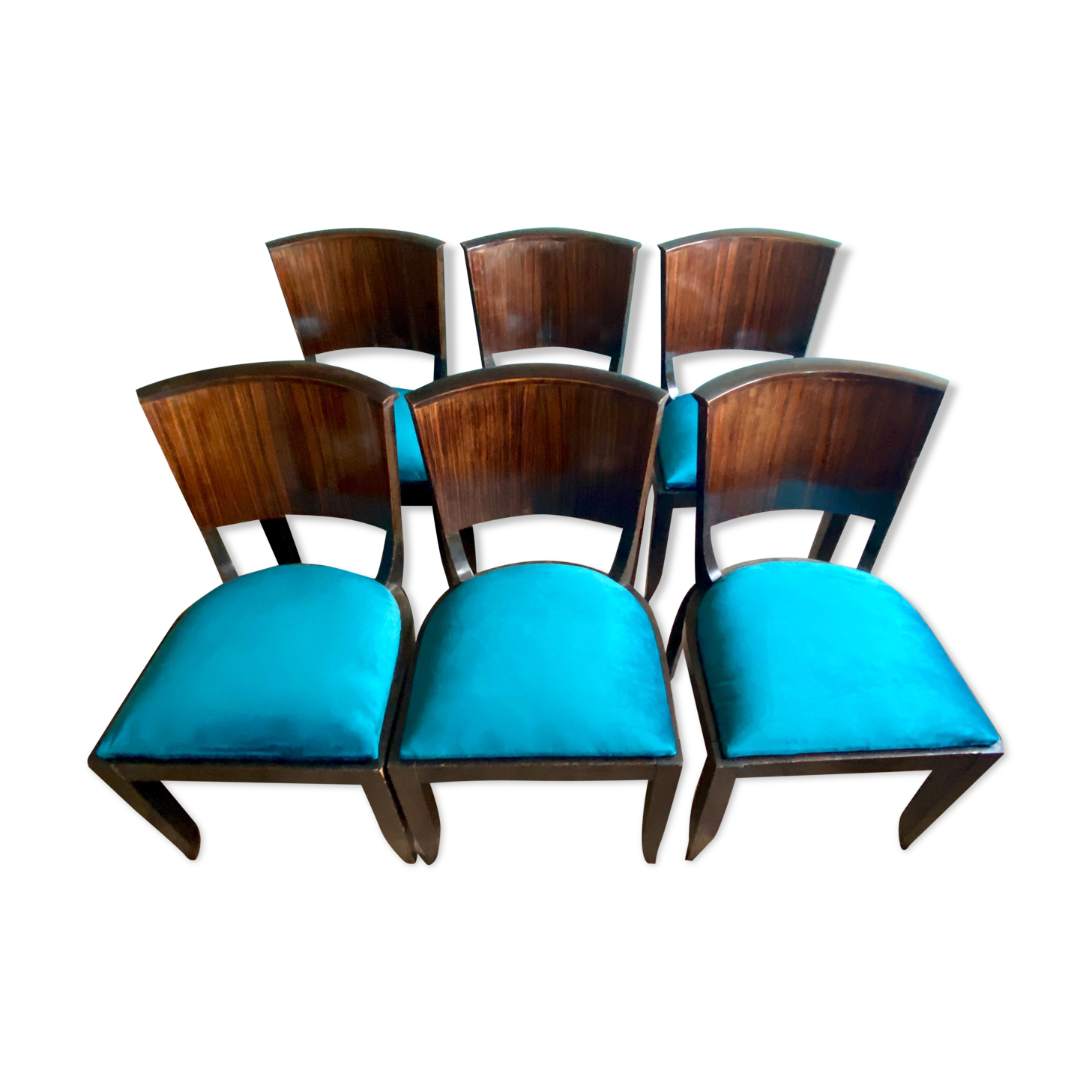 Suite of 6 Art Deco 1935 Macassar ebony chairs restored seats