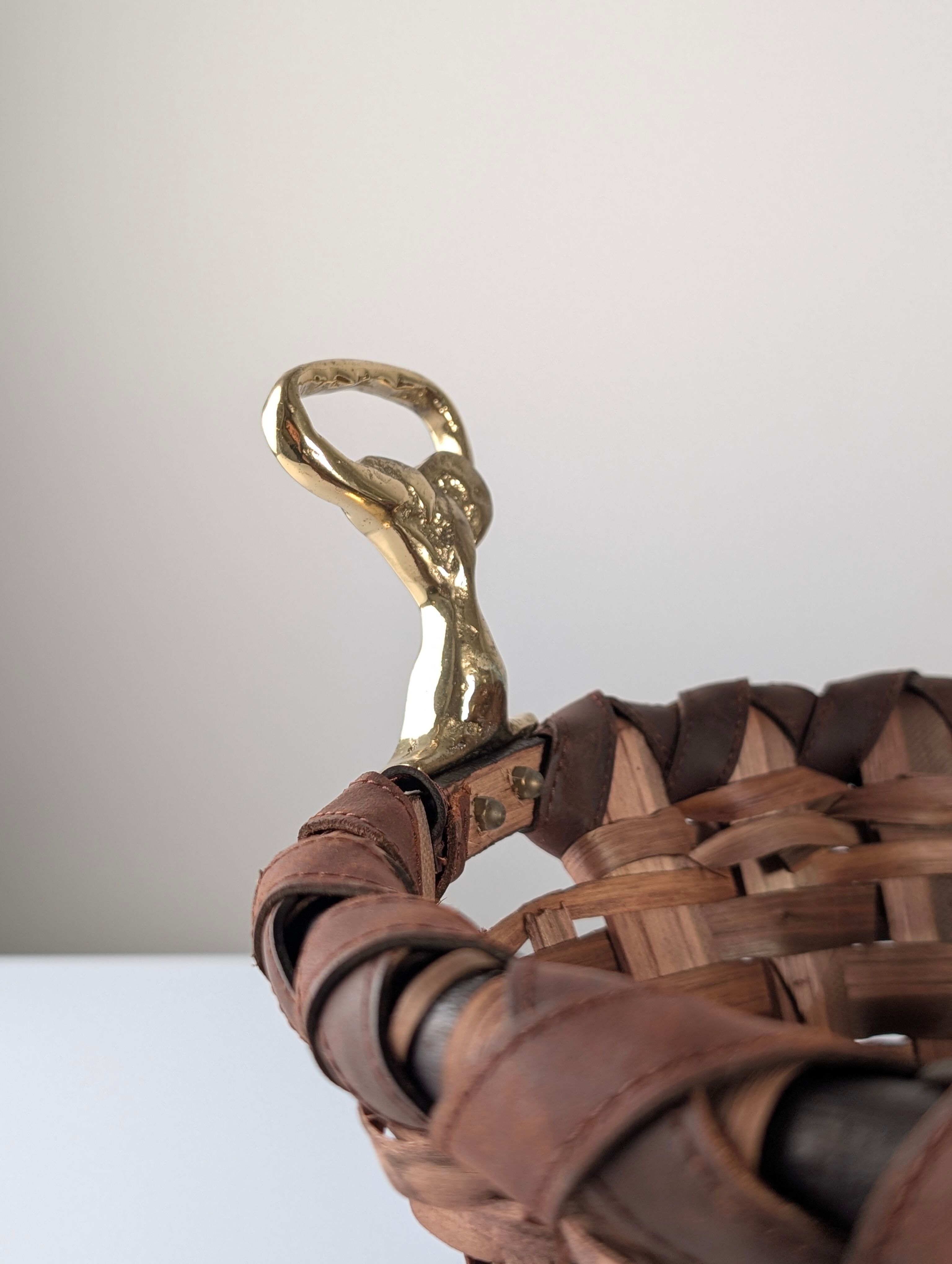David Marshall brutalist splint wood and cast brass basket, 1970s