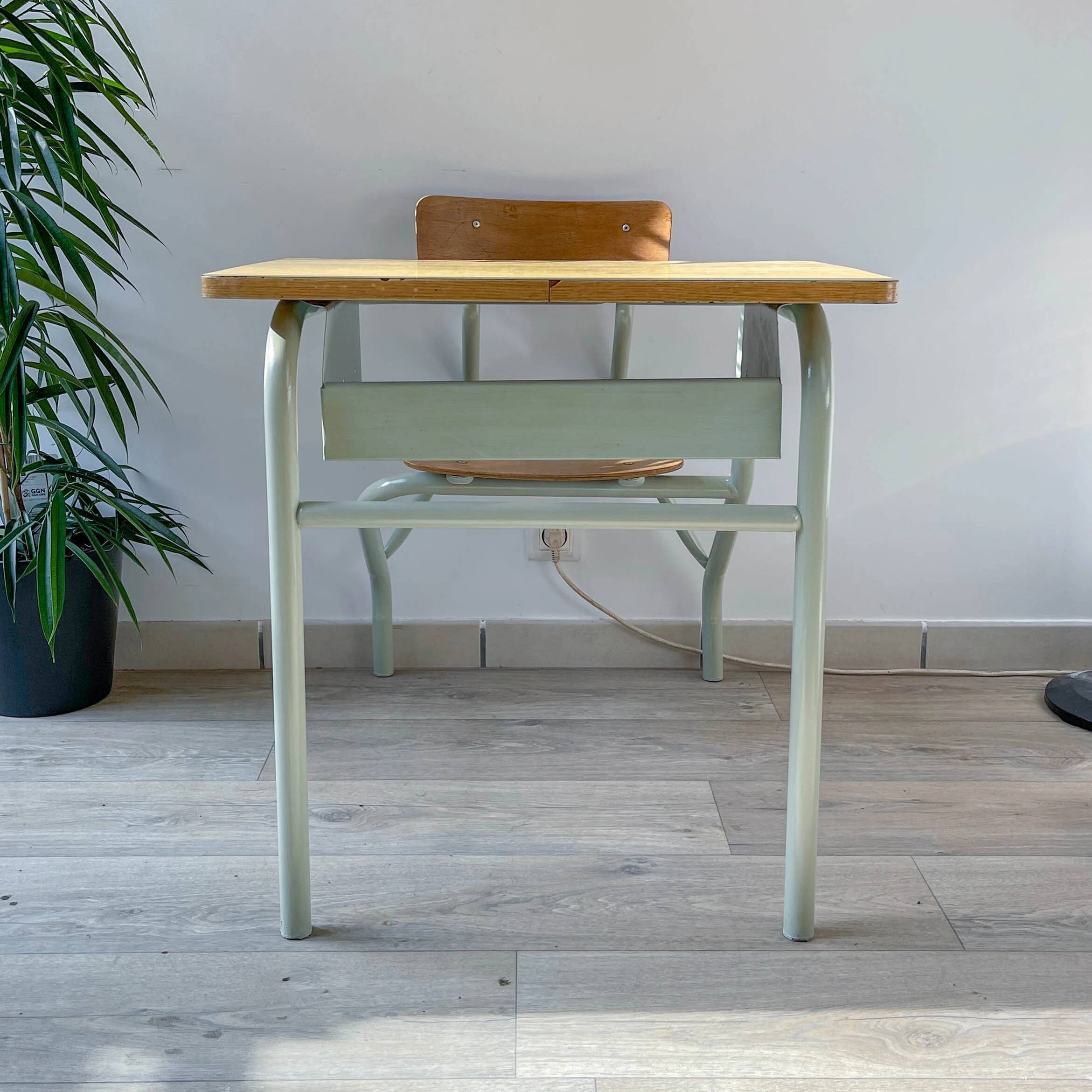Vintage 1960s school desk – Antique wooden and metal aqua green desk – Retro school furniture – Vintage children's desk