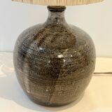 XXL Vintage stoneware lamp base signed brown raffia lampshade 1970