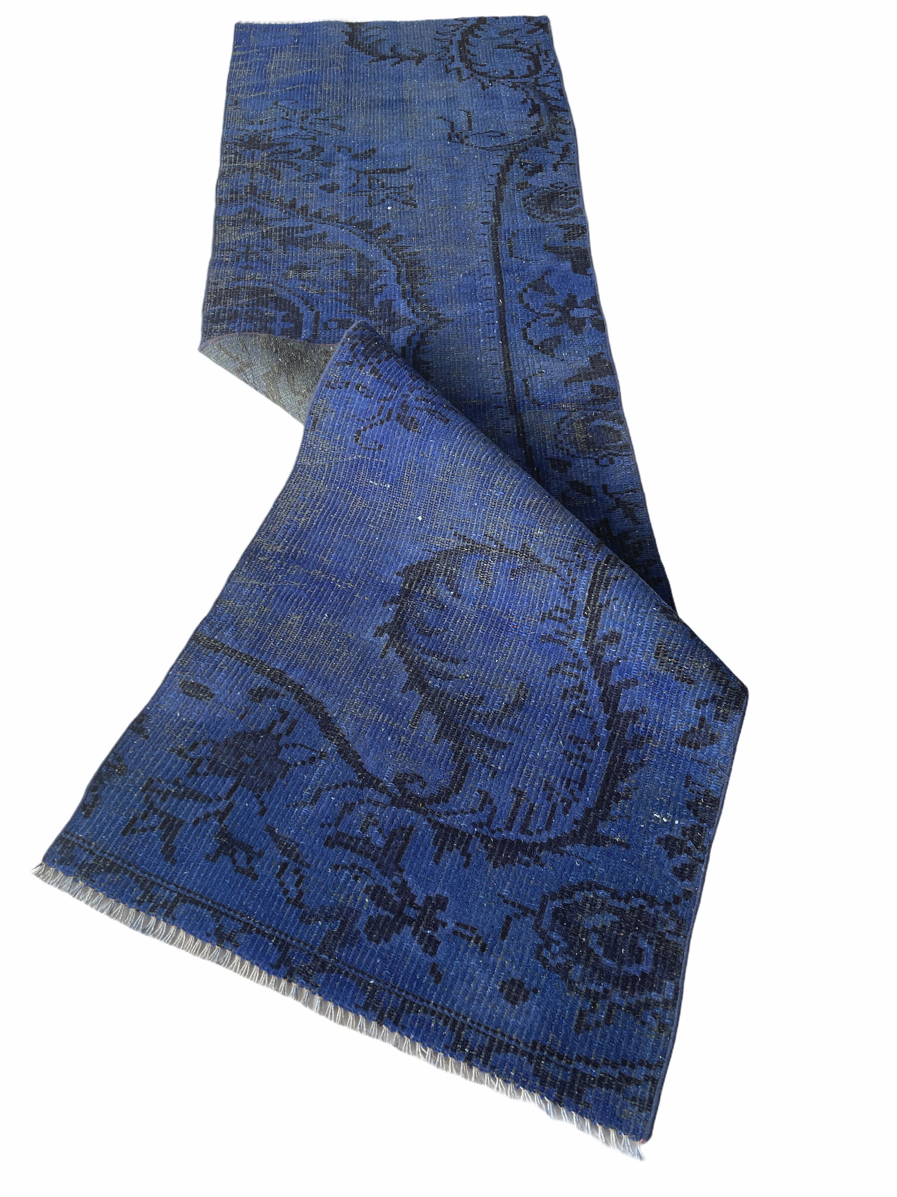 Distressed Turkish Narrow Runner 217 x 65 cm Wool Vintage rug, Over-dyed Blue