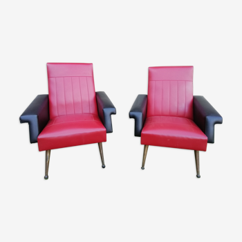 Pair of vintage red and black faux armchairs