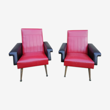 Paire de fauteuil simili rouge et noir vintage