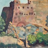 Oil on canvas landscape with a fortress circa 1930 by Dernay