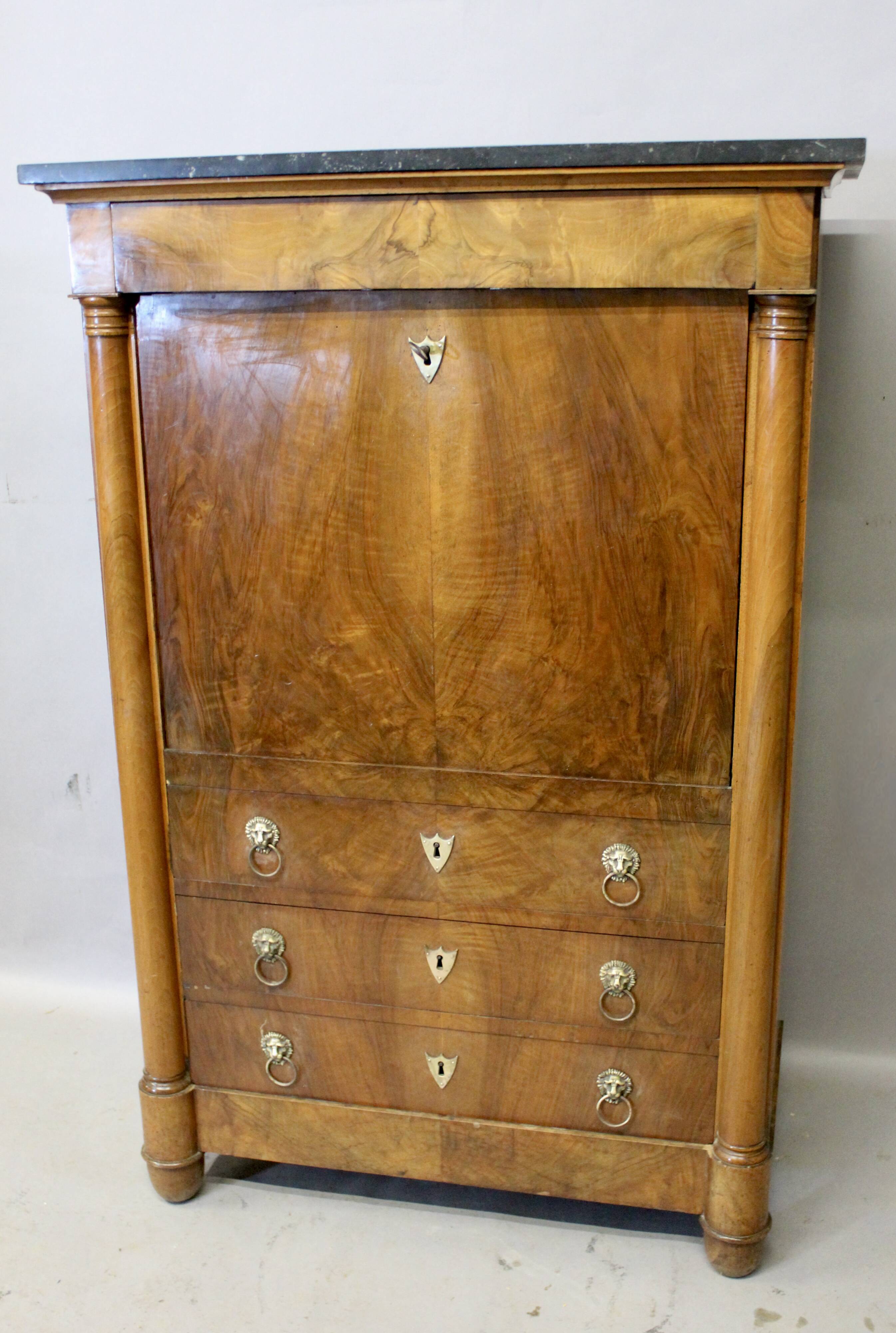 Empire secretary desk in walnut with black marble top