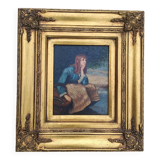 Peinture à l huile encadrée signée  R.T- cadre en bois doré -