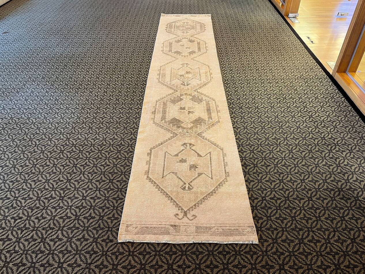 Vintage Handmade Muted Beige and Brown Long Hallway Runner