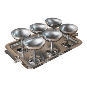 Silver-tone Stainless Steel Vintage Drinking Set for 6 with Tray, 1970s Italian Minimalist Design