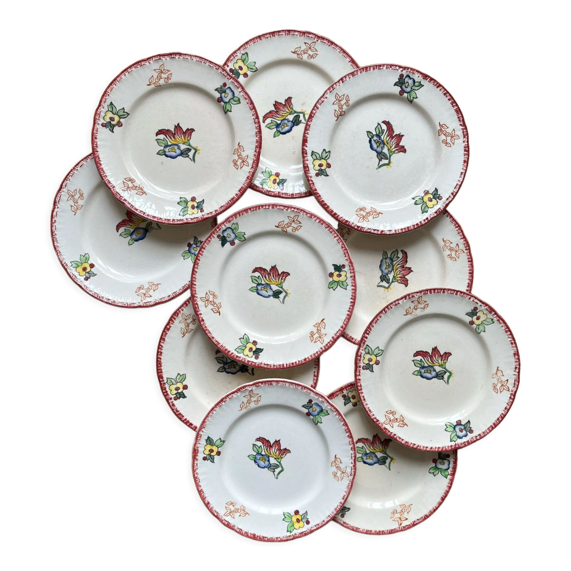LOT 10 ANCIENNES Assiettes faience Gien décor de Roses modèle Symphonie