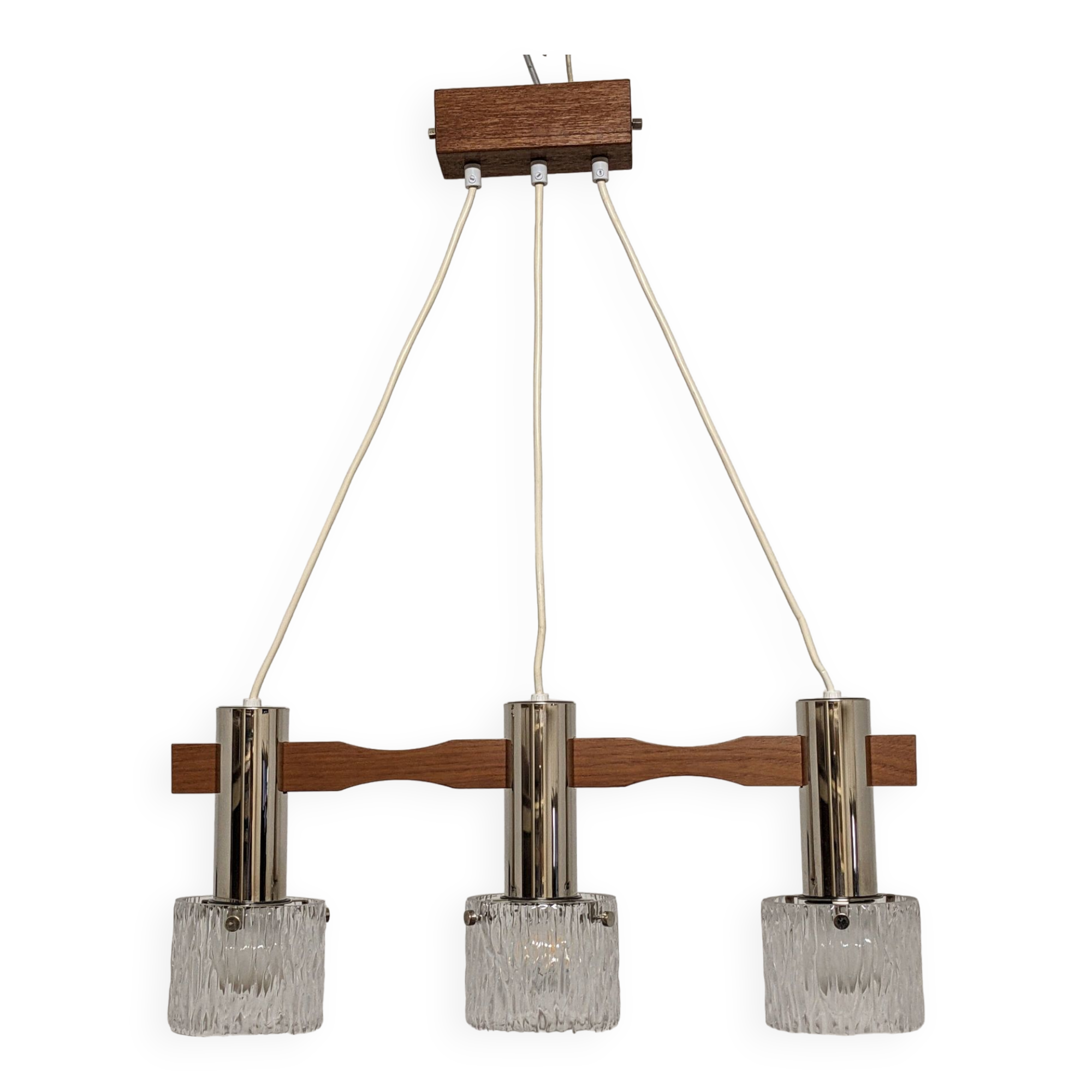 Scandinavian chandelier with 3 lights in teak and glass from the 60s/70s