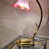 Large restored brass lamp with pretty art nouveau tulip 1900, electricity ok 47x28