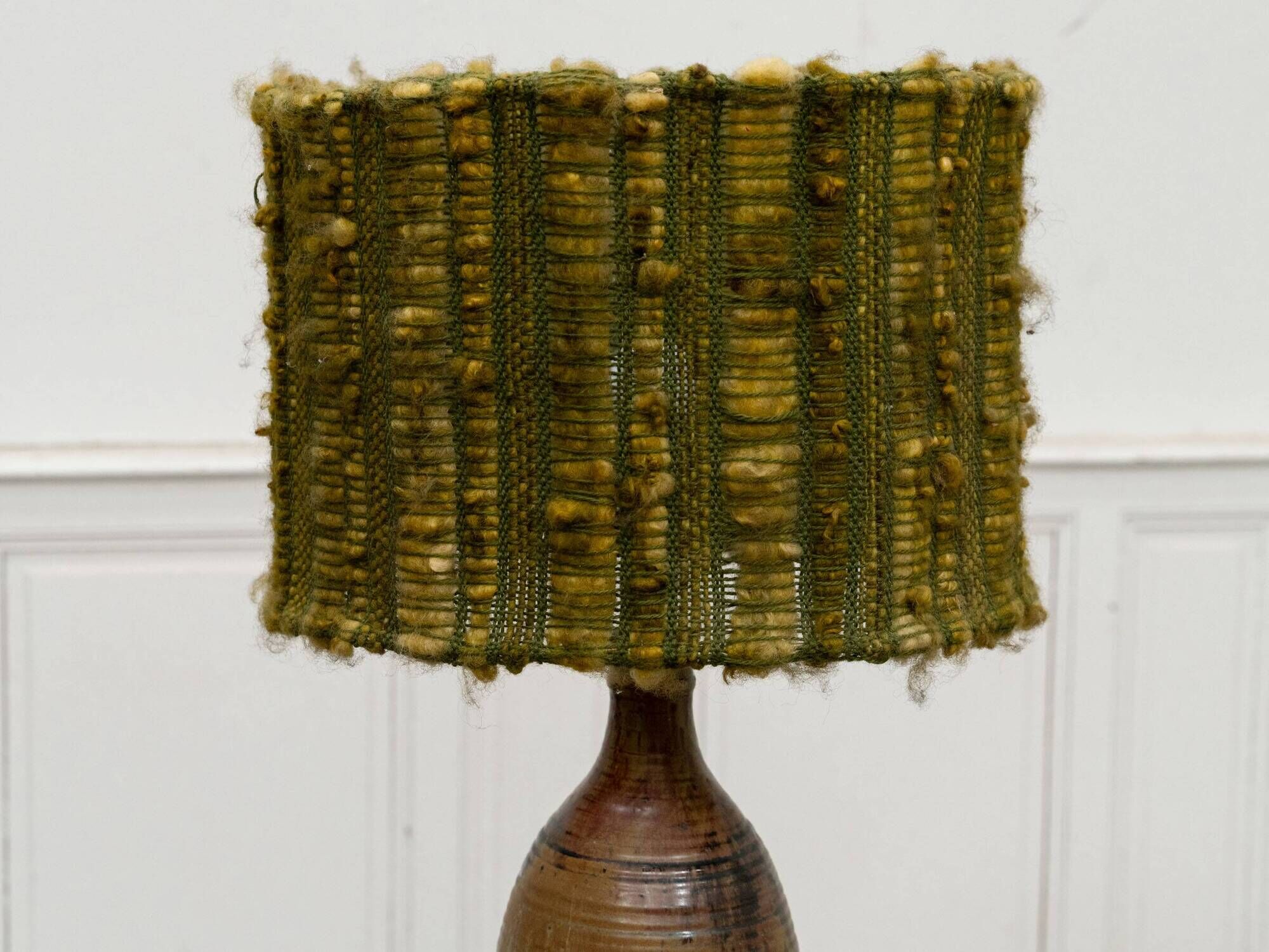 Vintage ceramic lamp with green wool shade, 1960s.