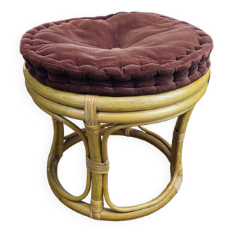 Vintage stool, rattan and brown velvet cushion
