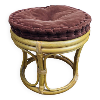 Tabouret vintage, rotin et coussin en velour marron