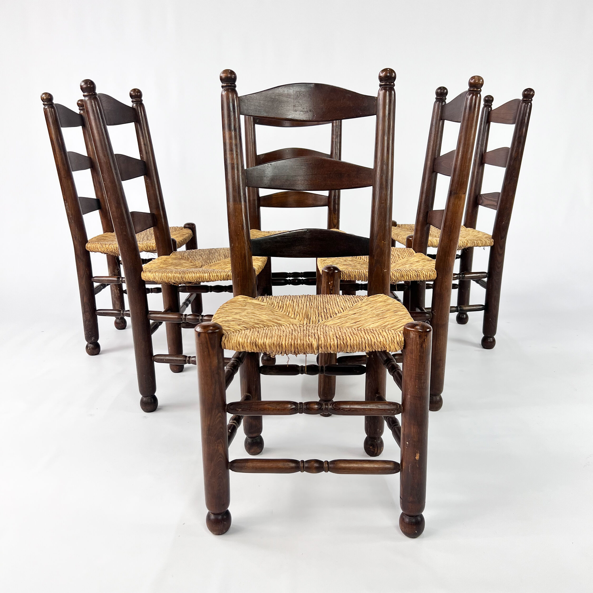 Set of 6 french antique rush and oak dining chairs, 1900s