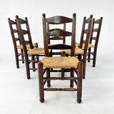Set of 6 french antique rush and oak dining chairs, 1900s