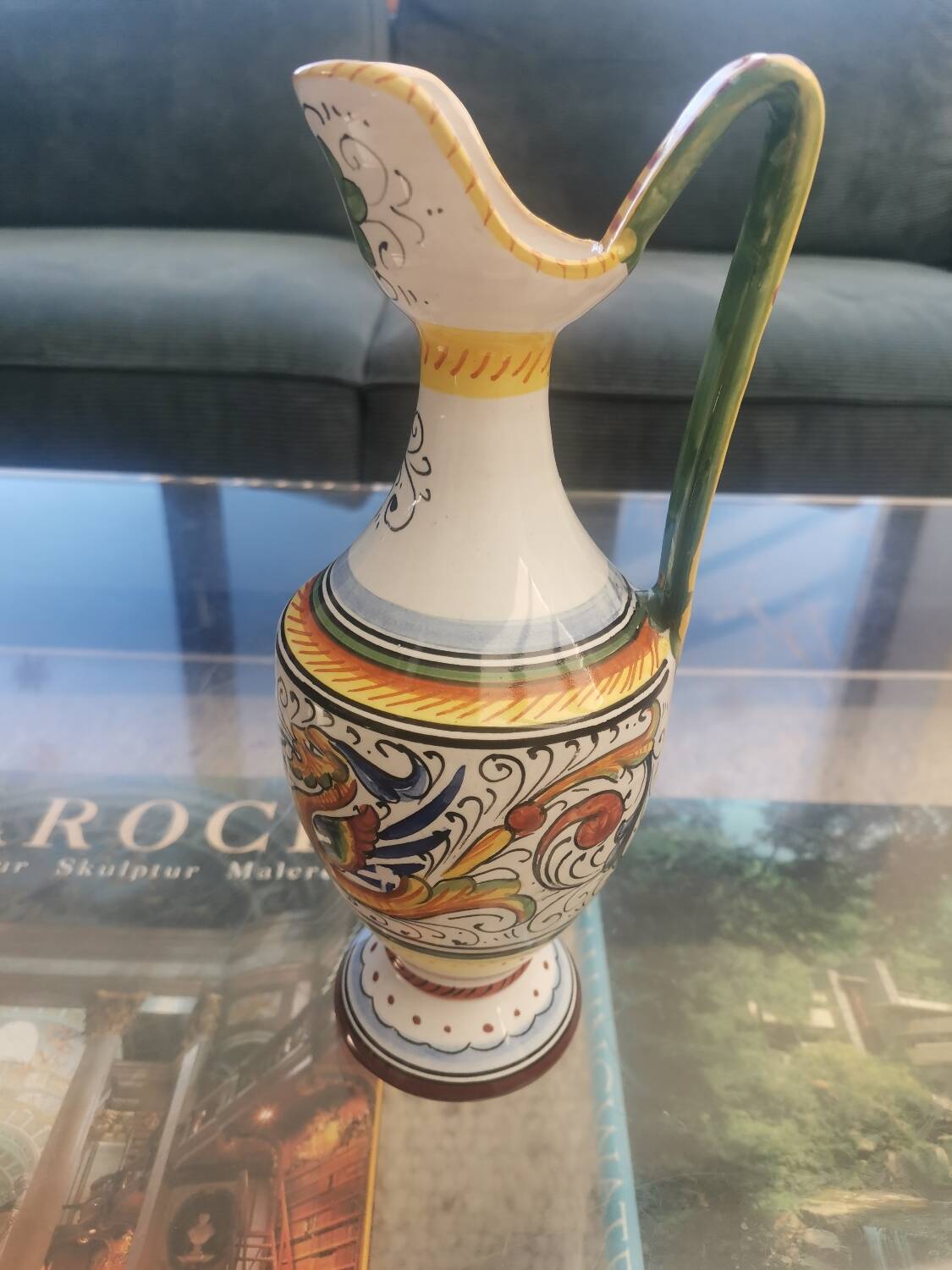 Italian majolica vase jug from Deruta, hand-painted ceramic, signed, 25 cm.