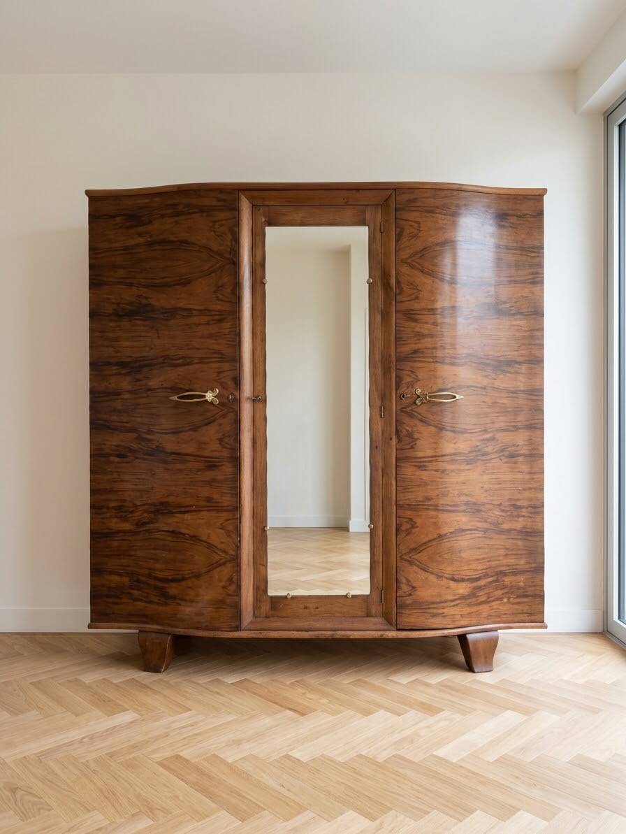 Vintage 1950s wardrobe in wood with a rosewood effect.