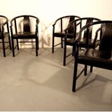 Set of 5 black lacquered leather dining chairs similar to China Chair Wegner