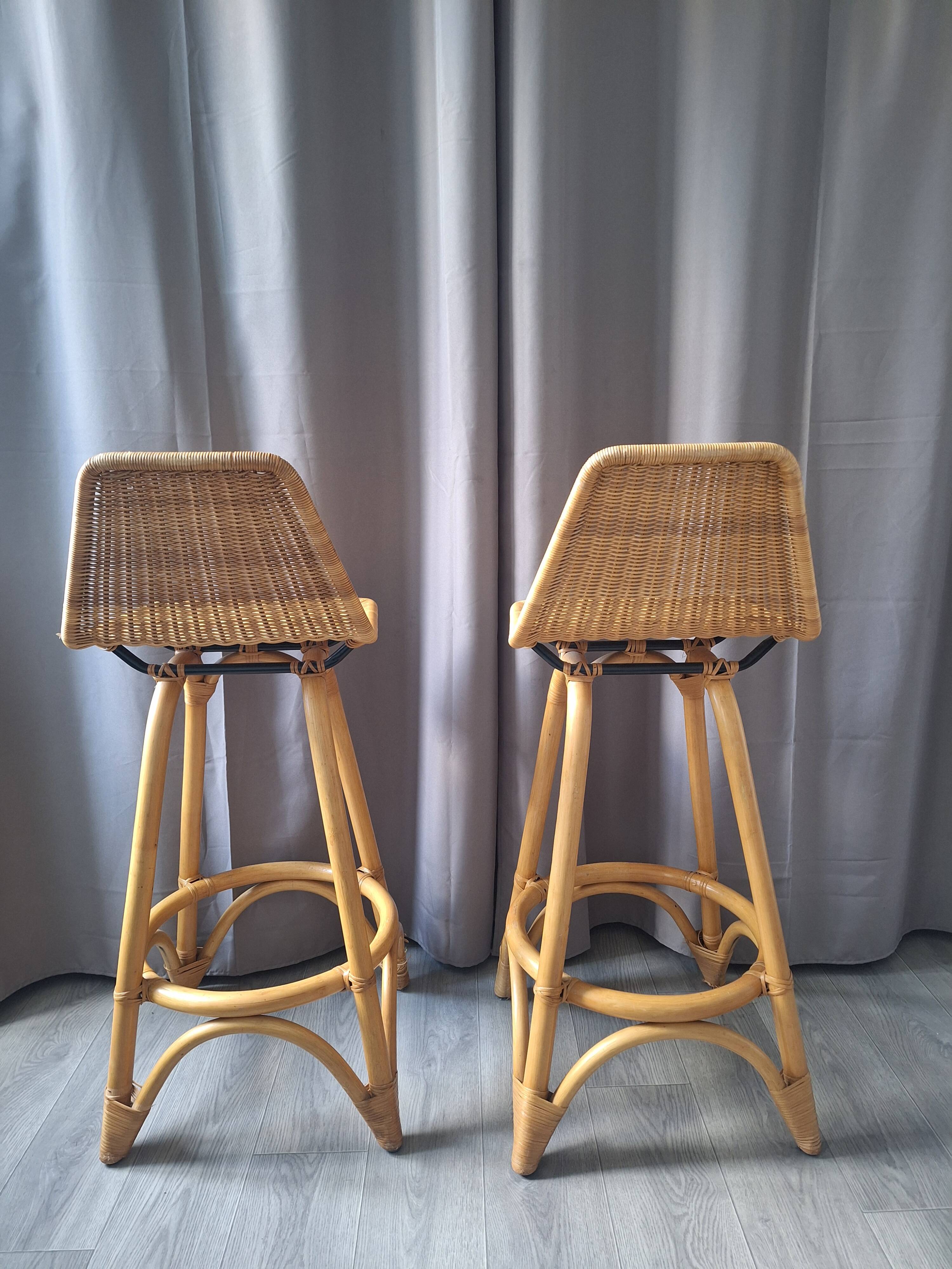 Pair of vintage stools in rattan & bamboo — 1950s
