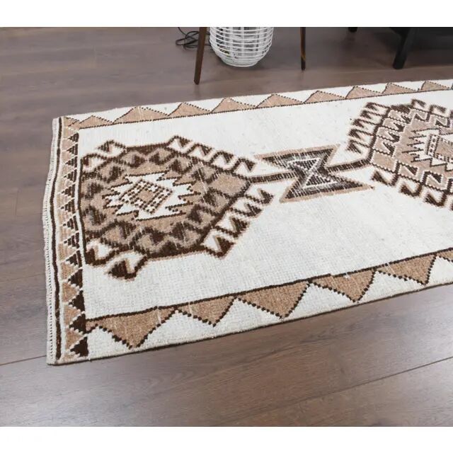 Vintage Turkish Oushak Handmade Wool Cotton White Runner Rug 84x346