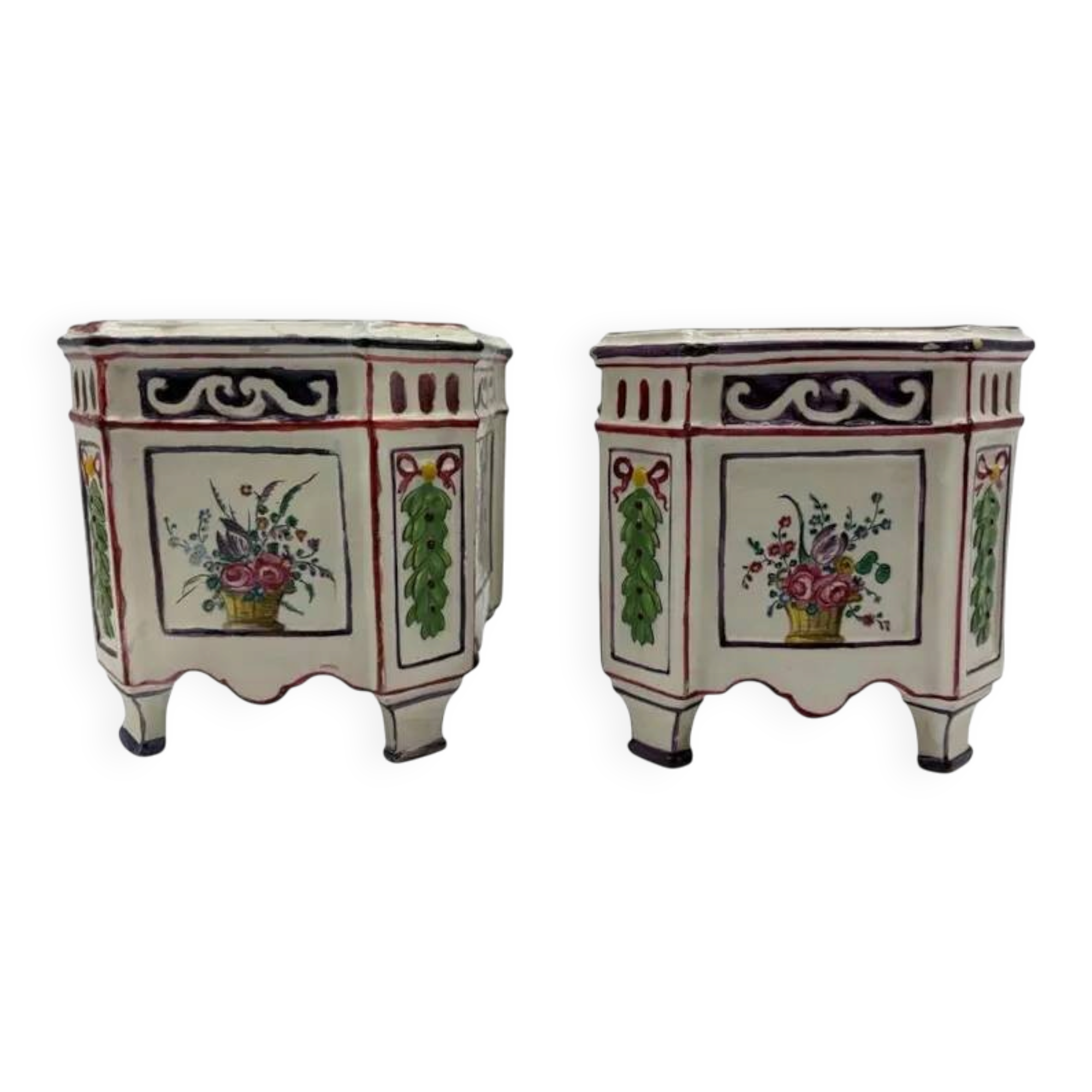 Pair of onion pots Samson 19th century Polychrome earthenware Strasbourg style Antique cache pots