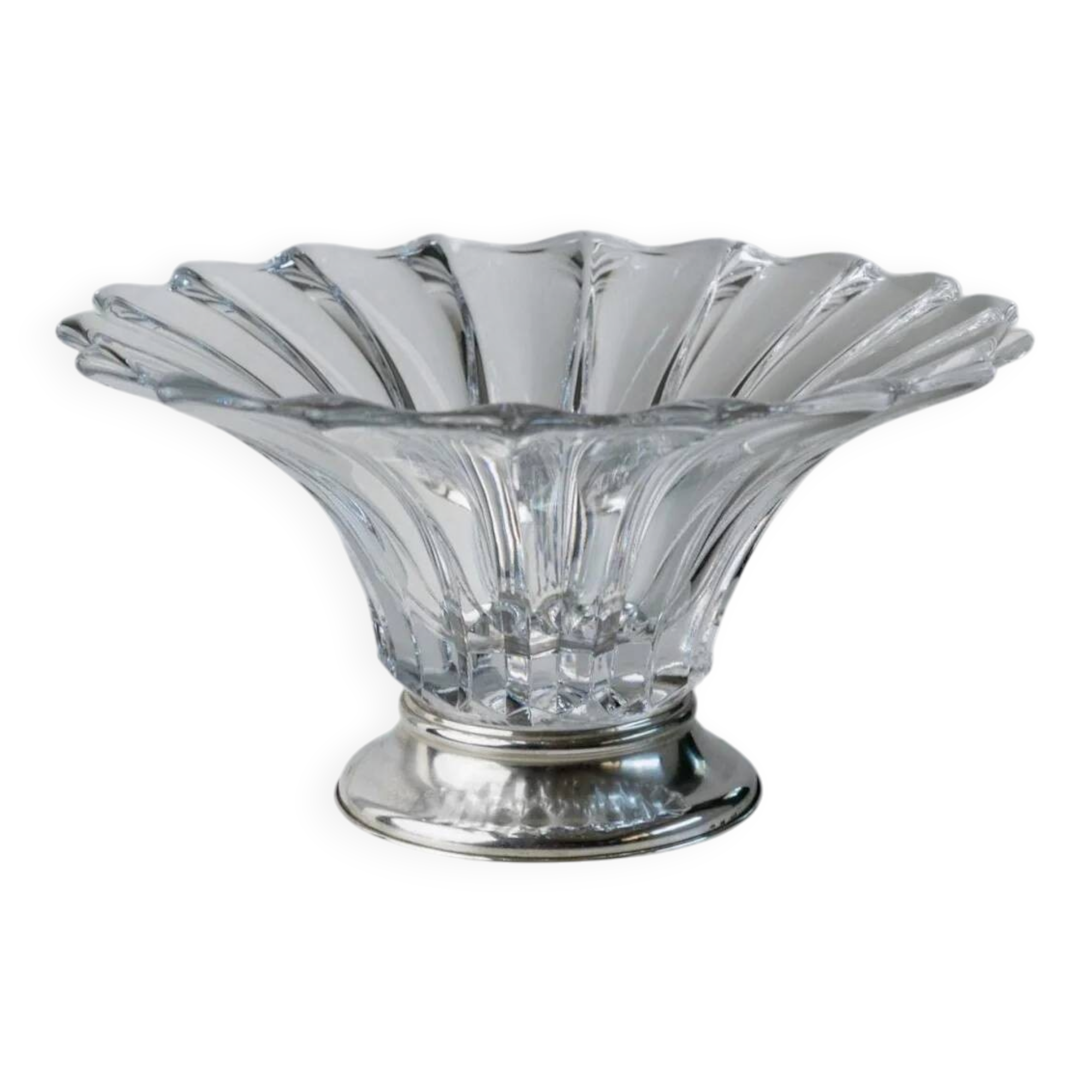 Grand bol en cristal clair vintage avec pied en argent - pièce maîtresse des années 1940 en Italie