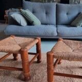 4 chairs and stools, brutalist art, straw and wood