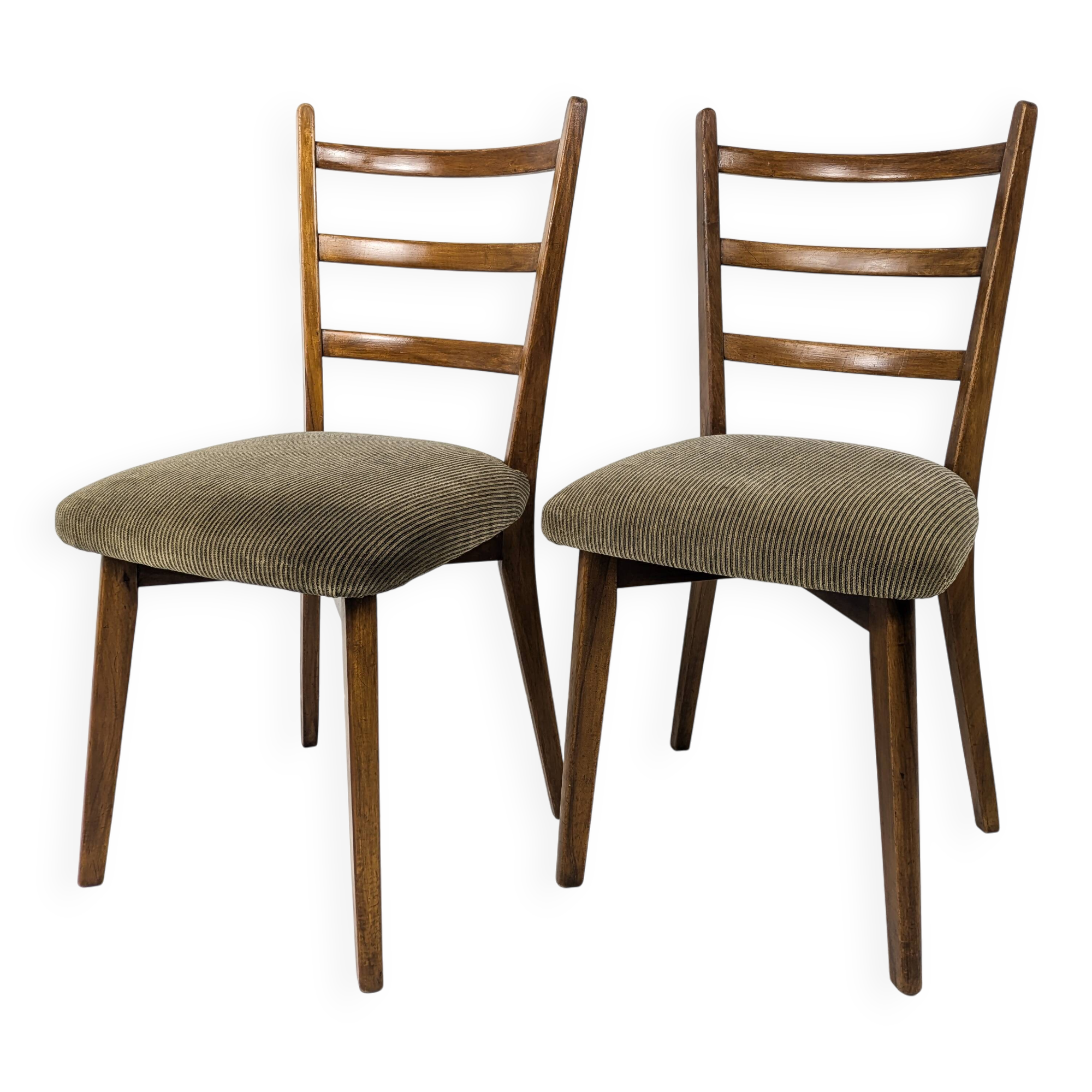 Paire de chaises vintage bois dossier barreaux, assise tissu, style 60s