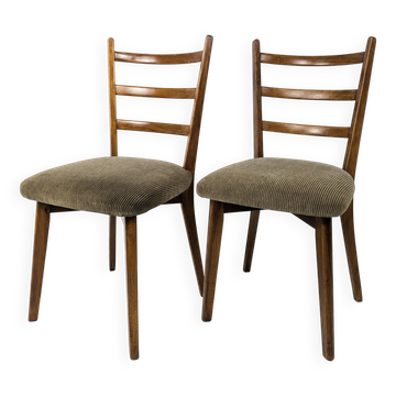 Paire de chaises vintage bois dossier barreaux, assise tissu, style 60s