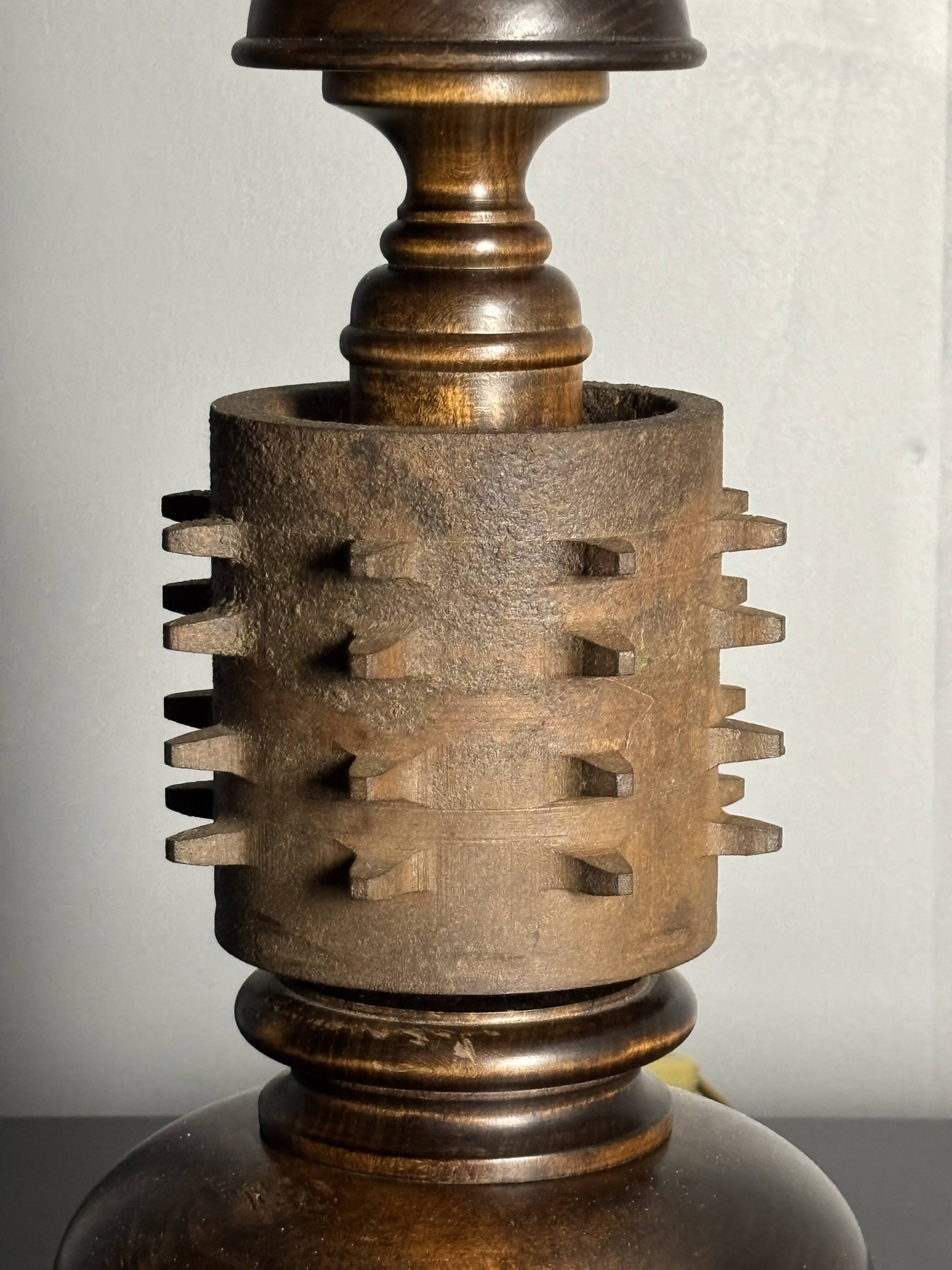 Brutalist wood turned and cast iron large table lamp, 1960s