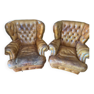 Chesterfield armchairs with brown leather ears